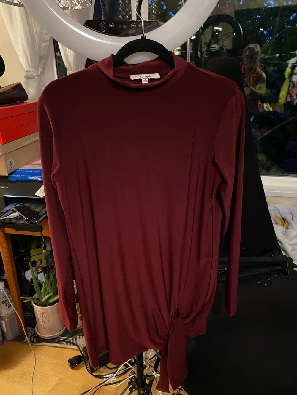 Sympli Wine Long Sleeve Tie-Front Top